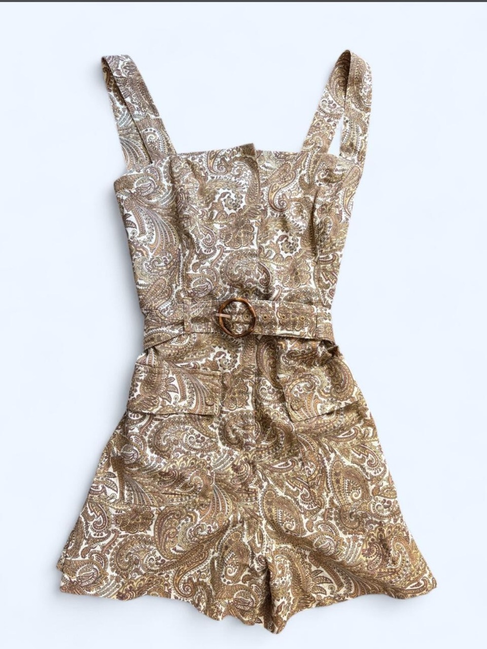Women's Paisley Belted Romper Dress - Brown